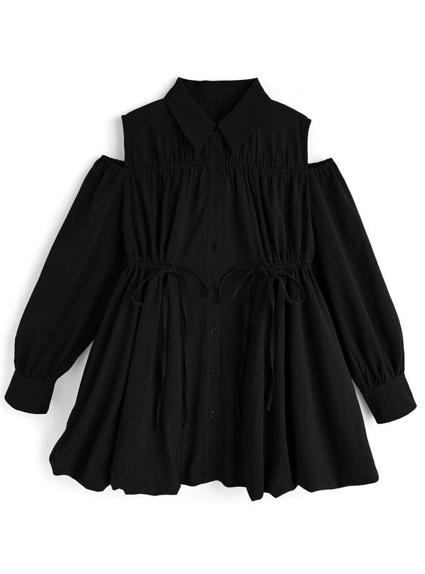 ショルダーオープンギャザーリボンバルーンシャツワンピース[ta295]