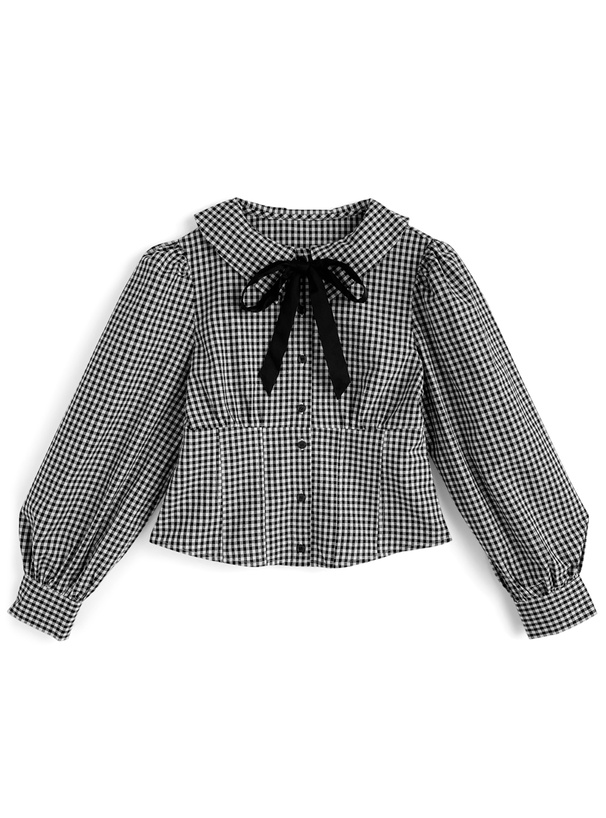 リボン付きギンガムチェック柄ブラウス[ta296]