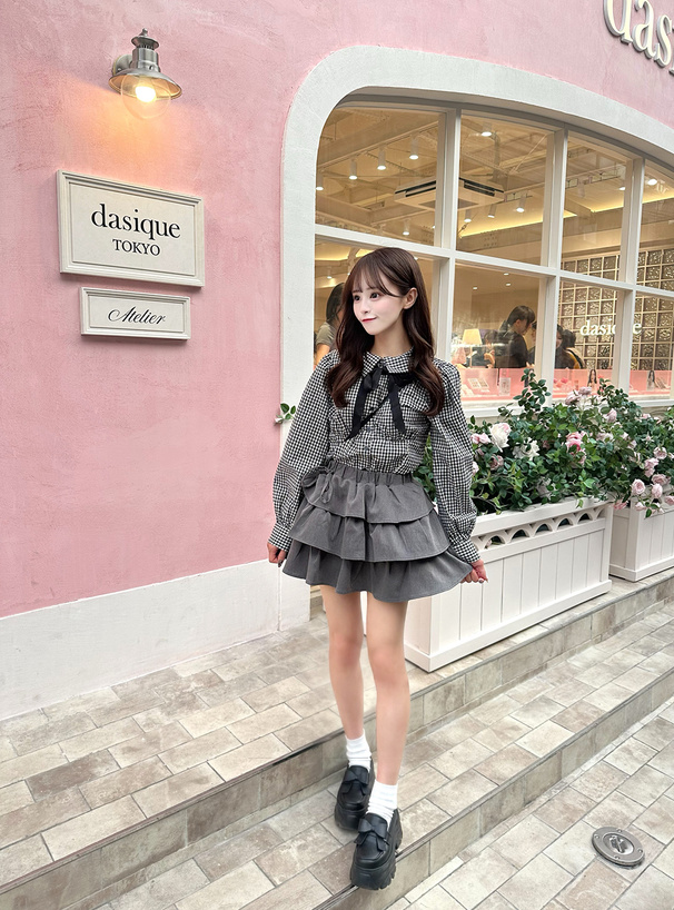 チェック柄リボン付きシフォンブラウス チェック柄リボン付きシフォンブラウス