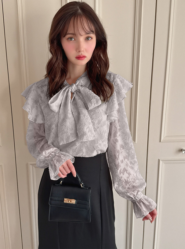 前後2Wayリボンタイジャガードブラウス