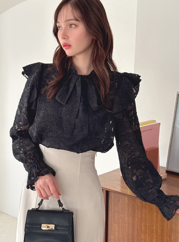 前後2Wayリボンタイジャガードブラウス