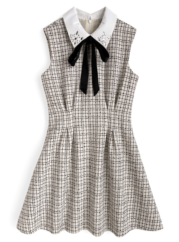 リボン付きツイードタックミニワンピース