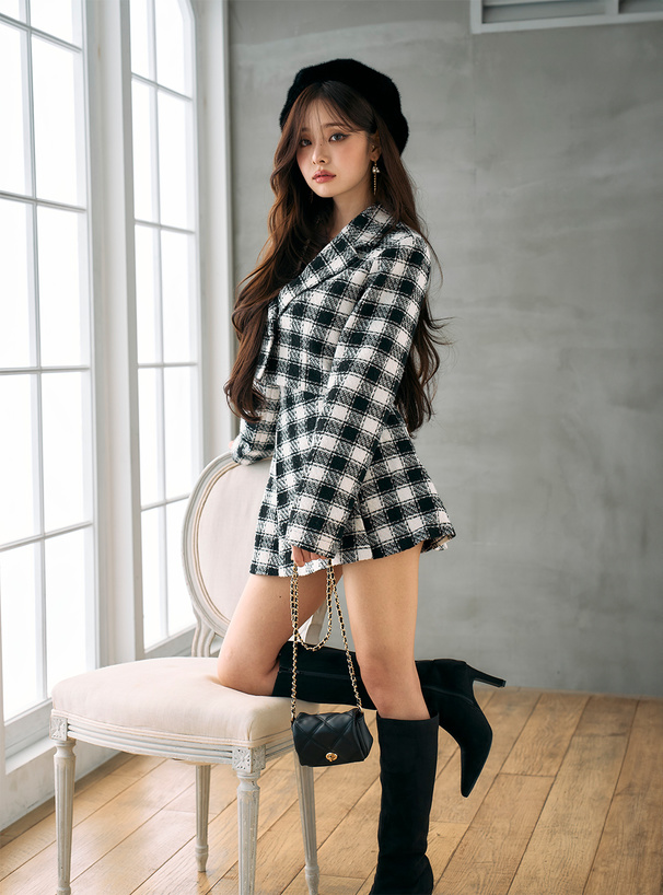 チェック柄ジャケット×インパン付きミニスカートセットアップ[ta307