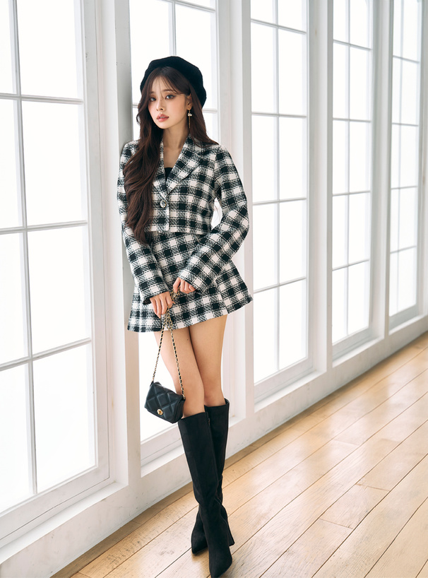 チェック柄ジャケット×インパン付きミニスカートセットアップ[ta307