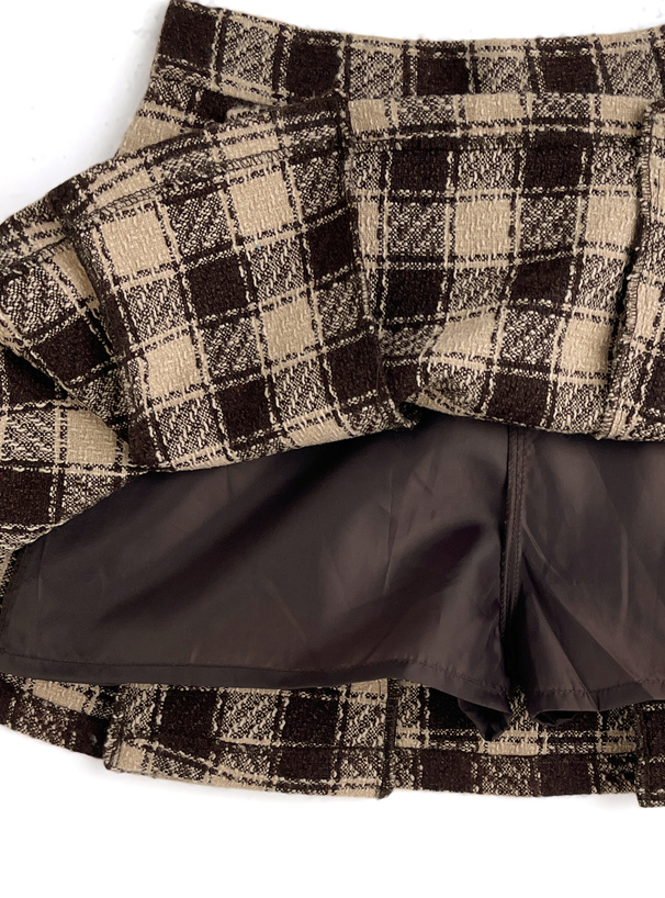 インパン裏地付きツイードチェック柄プリーツミニスカート