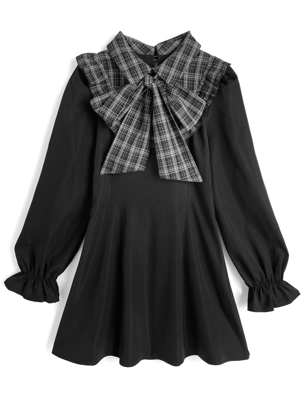 リボン付きチェック柄シャツドッキングフリルミニワンピース