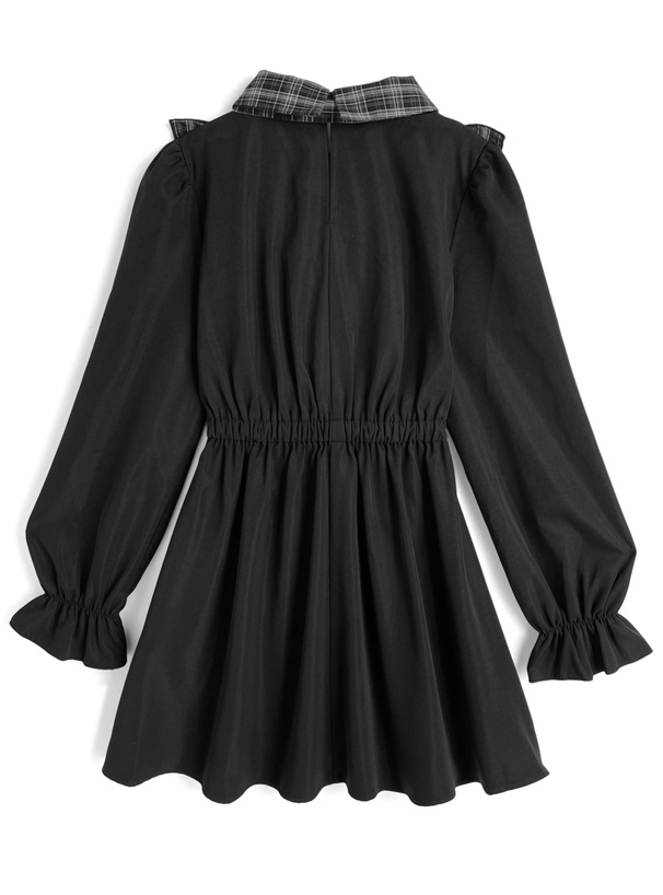 リボン付きチェック柄シャツドッキングフリルミニワンピース
