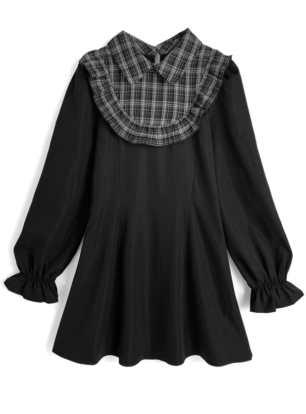 リボン付きチェック柄シャツドッキングフリルミニワンピース