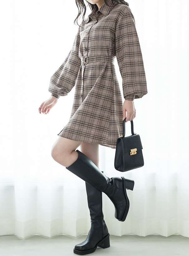 ベルト付きチェック柄シャツワンピース