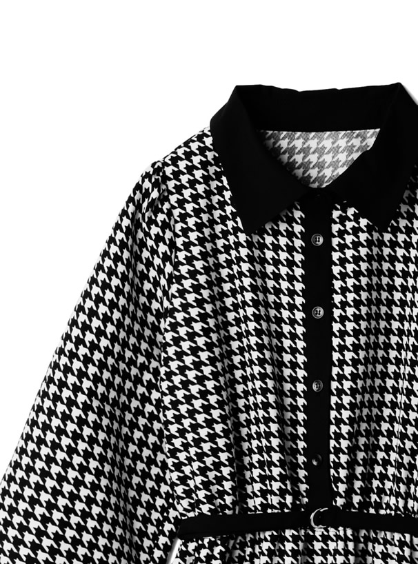 ベルト付き千鳥柄フレアロングシャツワンピース