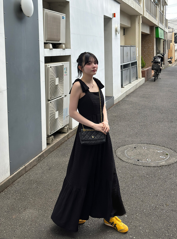 ふくれストライプリボンショルダーワンピース