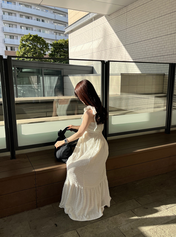 ふくれストライプリボンショルダーワンピース