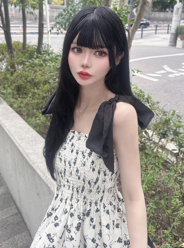 配色リボンショルダー花柄フレアワンピース