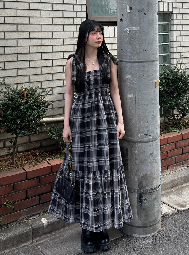 シフォンチェック柄リボンショルダーワンピース