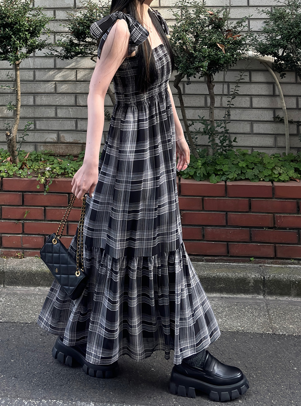 シフォンチェック柄リボンショルダーワンピース