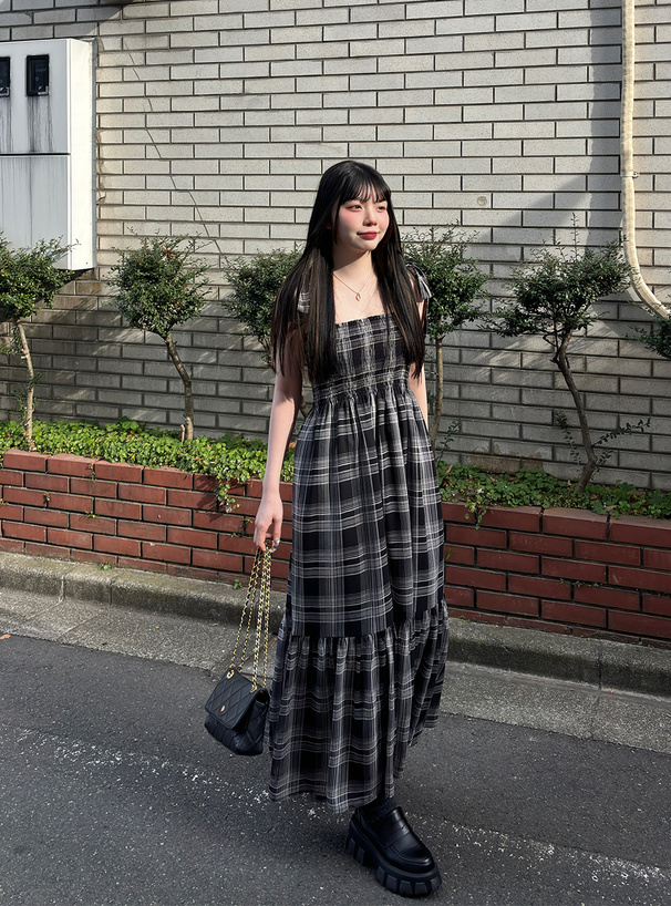 シフォンチェック柄リボンショルダーワンピース