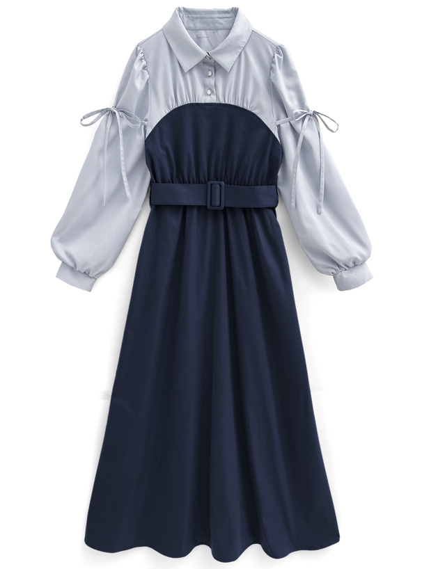 ベルト付きシャツドッキングリボンワンピース