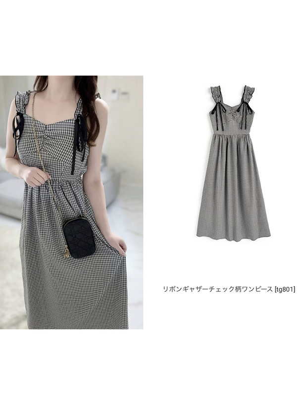 リボンギャザーチェック柄ワンピース[tg801] | レディース