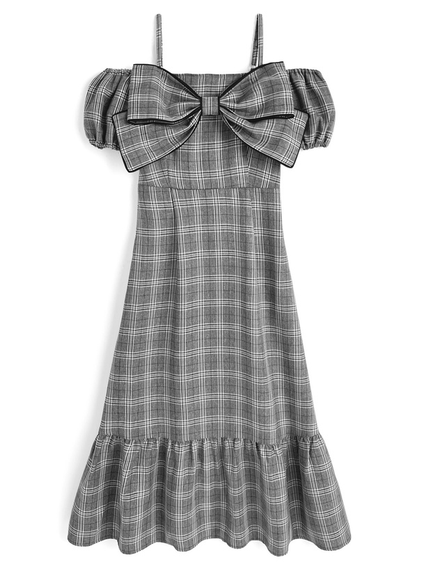 チェック柄ビッグリボンオフショルダーワンピース[tg817a]