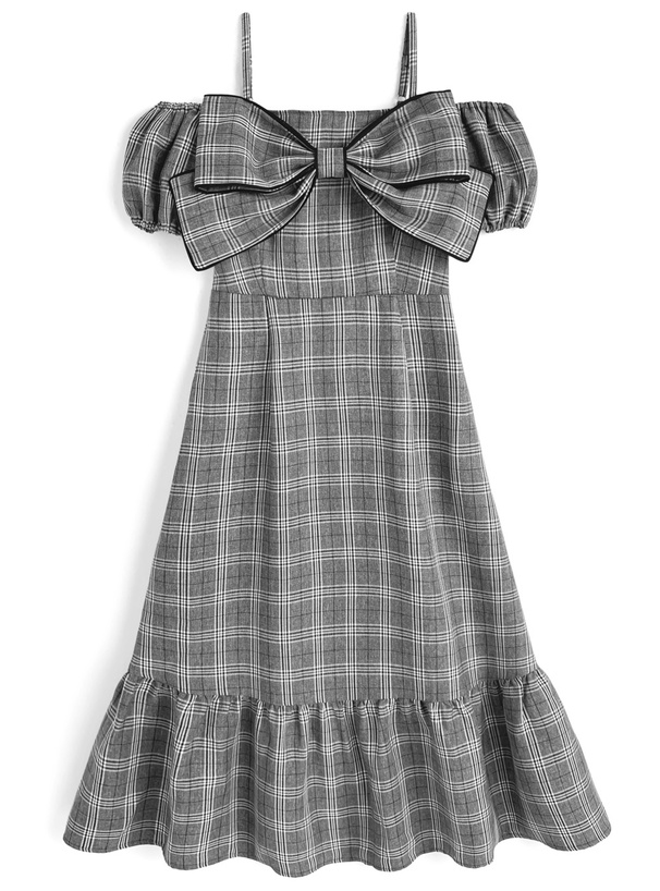 チェック柄ビッグリボンオフショルダーワンピース
