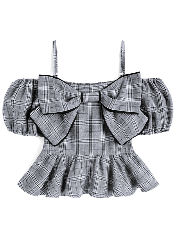 チェック柄ビッグリボンオフショルダートップス[tg817b]
