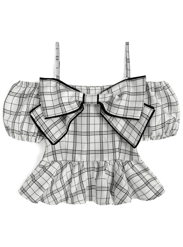 チェック柄ビッグリボンオフショルダートップス