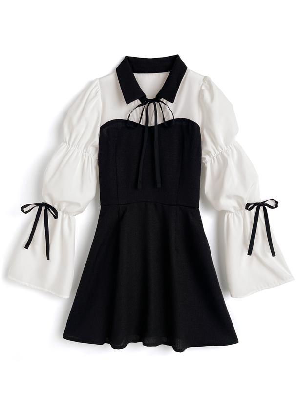 配色カラーリボンパフスリーブフレアミニワンピース[tg853]