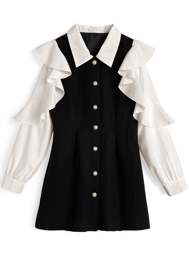 フリルスリーブパールボタンミニワンピース