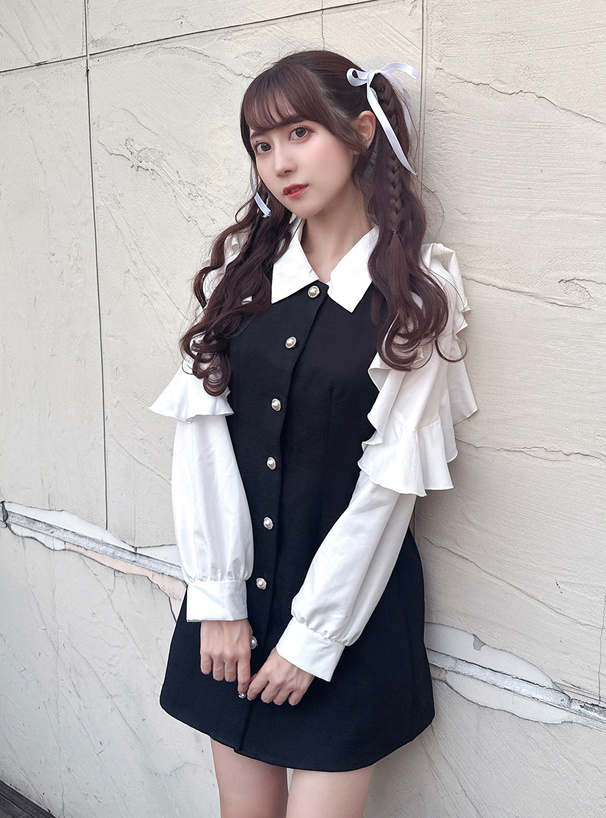 フリルスリーブパールボタンミニワンピース[tg854] | レディース