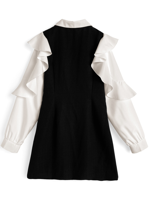 フリルスリーブパールボタンミニワンピース