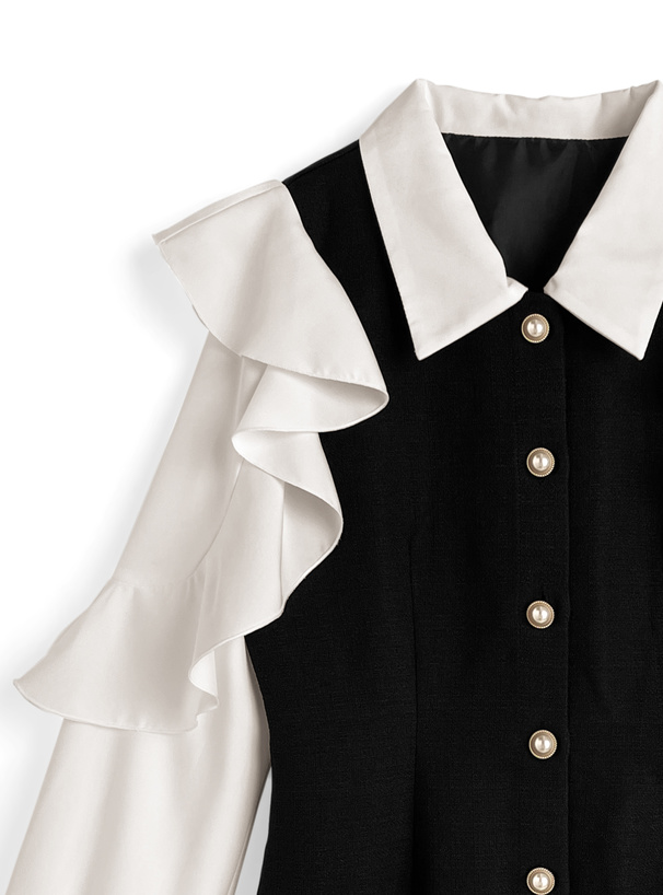 フリルスリーブパールボタンミニワンピース