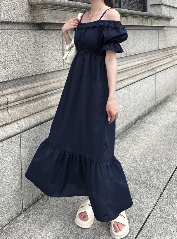 フリルオフショルダーフレアワンピース