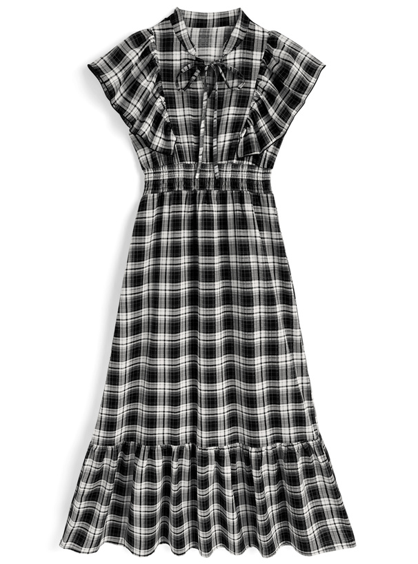 チェック柄フリルスリーブティアードワンピース