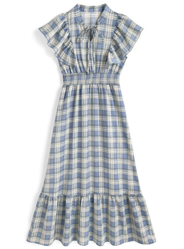 チェック柄フリルスリーブティアードワンピース