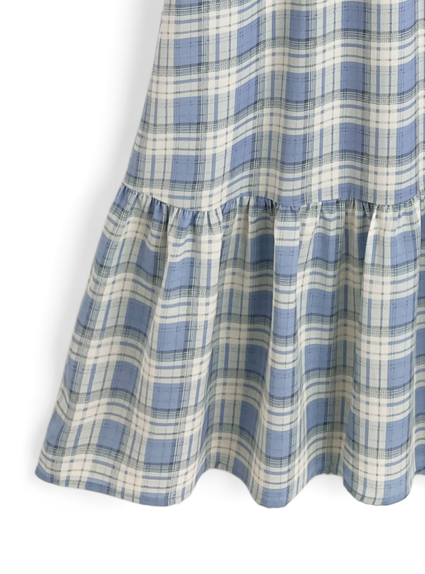 チェック柄フリルスリーブティアードワンピース