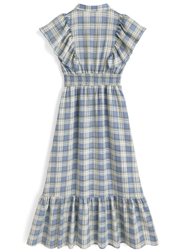 チェック柄フリルスリーブティアードワンピース