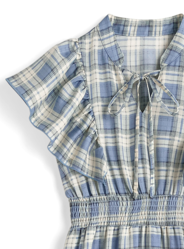 チェック柄フリルスリーブティアードワンピース