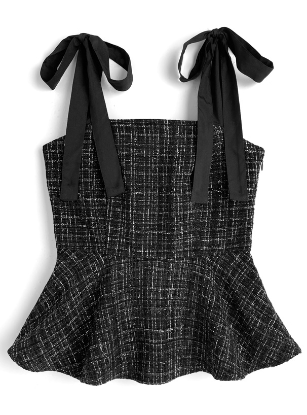ラメツイードリボンショルダーペプラムトップス[tg881]