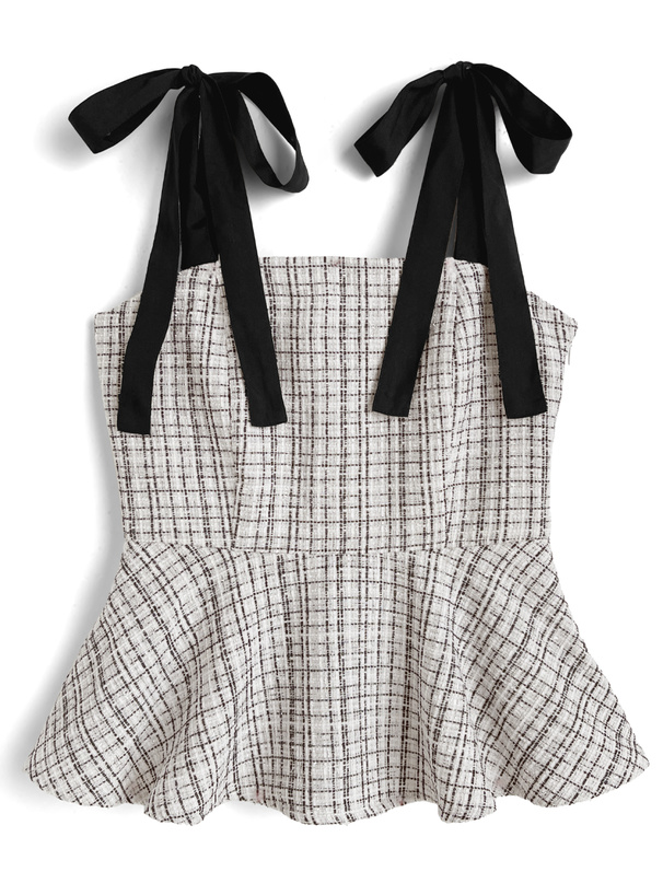 ラメツイードリボンショルダーペプラムトップス