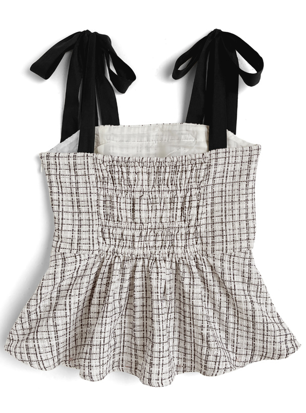 ラメツイードリボンショルダーペプラムトップス