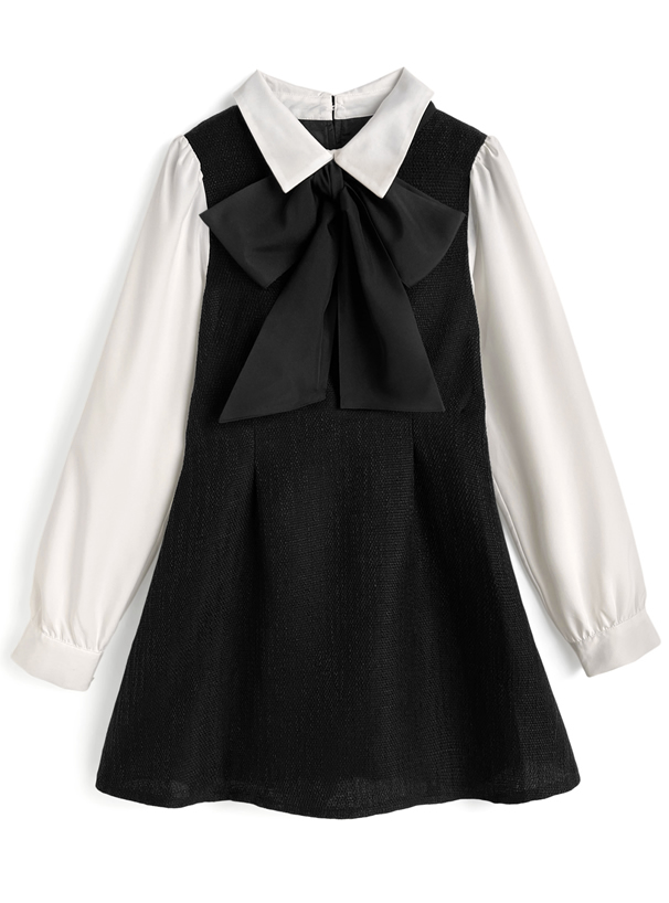 リボンタイ付き配色ツイードフレアミニワンピース[tg889a]