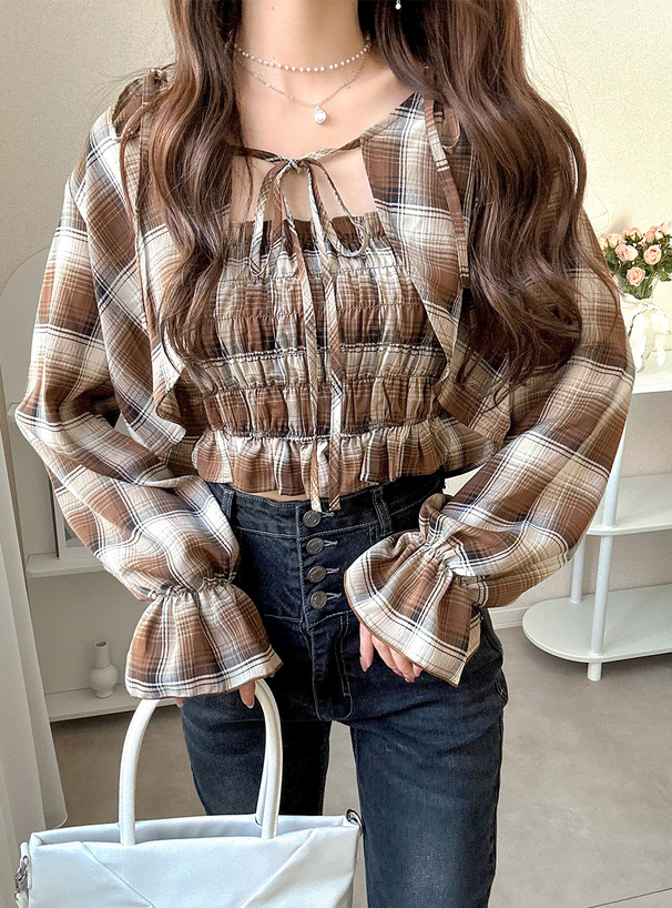リボンストラップキャミソールxトップスチェック柄セットアップ