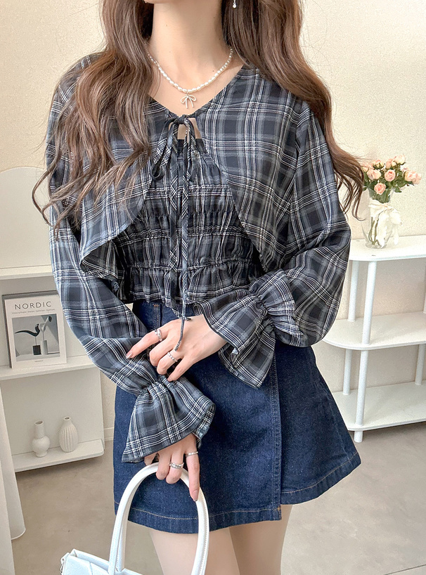 リボンストラップキャミソールxトップスチェック柄セットアップ[tg890