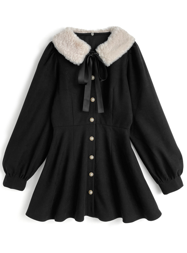 ファーティペット付きパールボタンフレアミニワンピース