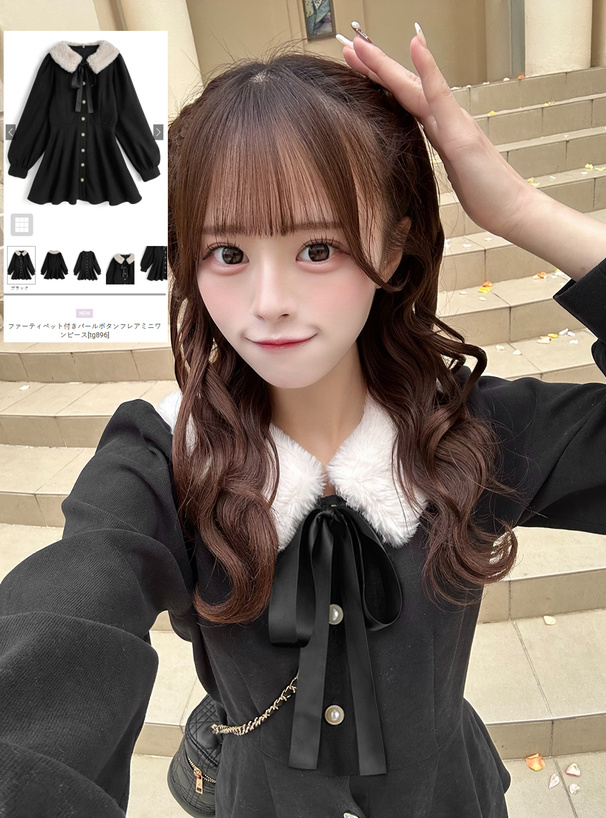 ファーティペット付きパールボタンフレアミニワンピース[tg896