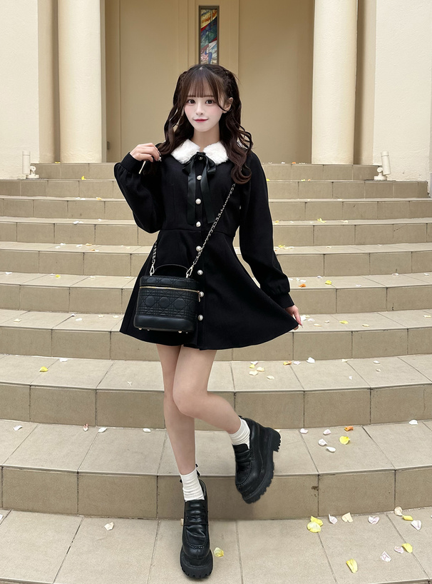 ファーティペット付きパールボタンフレアミニワンピース[tg896