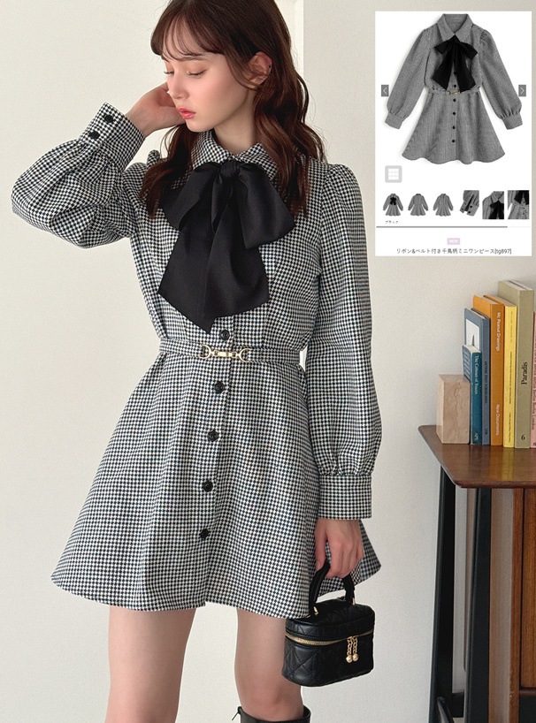 リボン&ベルト付き千鳥柄ミニワンピース[tg897] | レディース