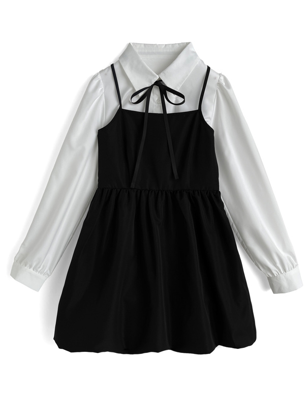 リボンタイ付きクロップド丈シャツ×バルーンキャミソールワンピースセットアップ