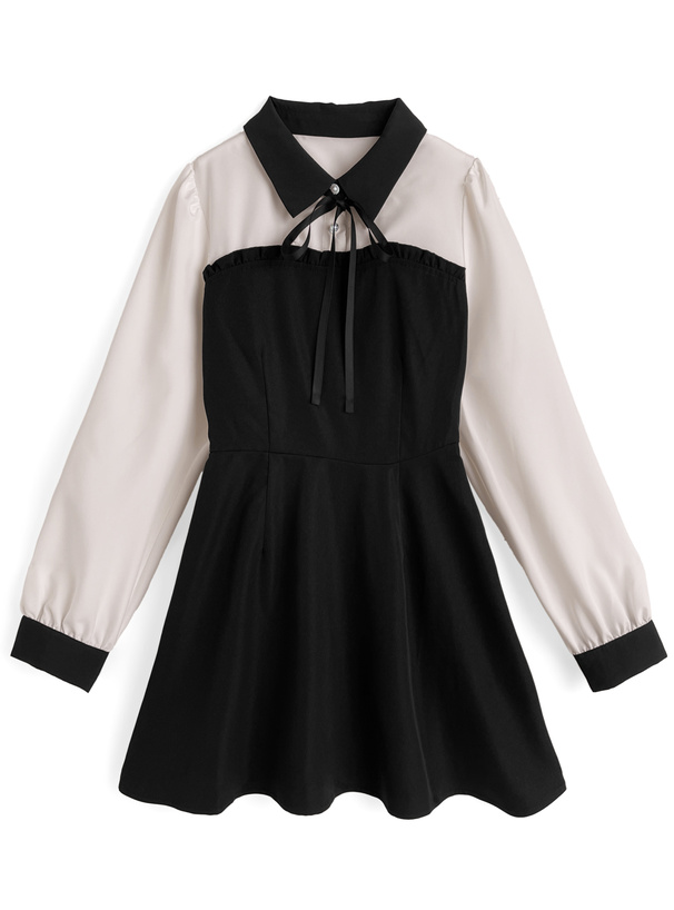 リボン付き配色フレアミニワンピース[tg903]