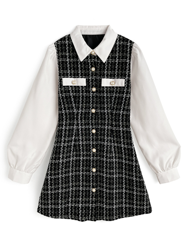 配色襟ツイードチェック柄ミニワンピース[tg905] | レディース